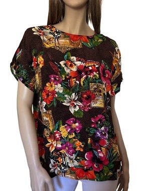 Carole Little 100% Rayon Top Blouse Havana Cuba Graphic Tropical Print Vintage